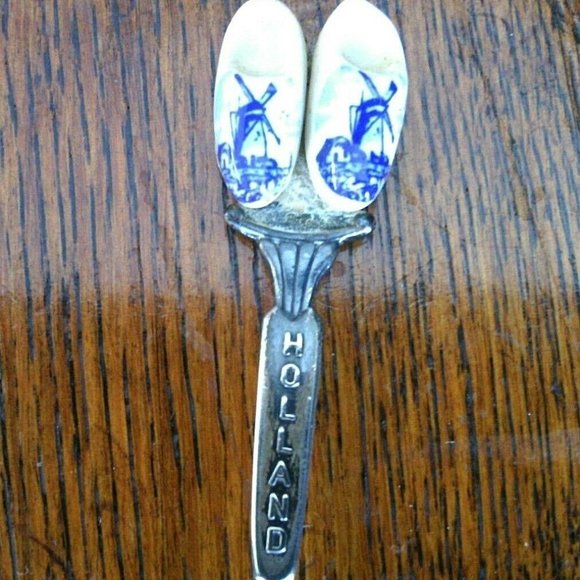 Dutch Spoon Porcelain Clogs Collectable Silver Sugar Tea Blue White Windmill Jam - Picture 14 of 16